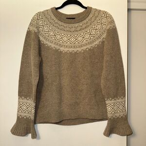 J. Crew Womens Large Fair Isle Wool Crew Sweater Tan Cream Beige Gently Worn